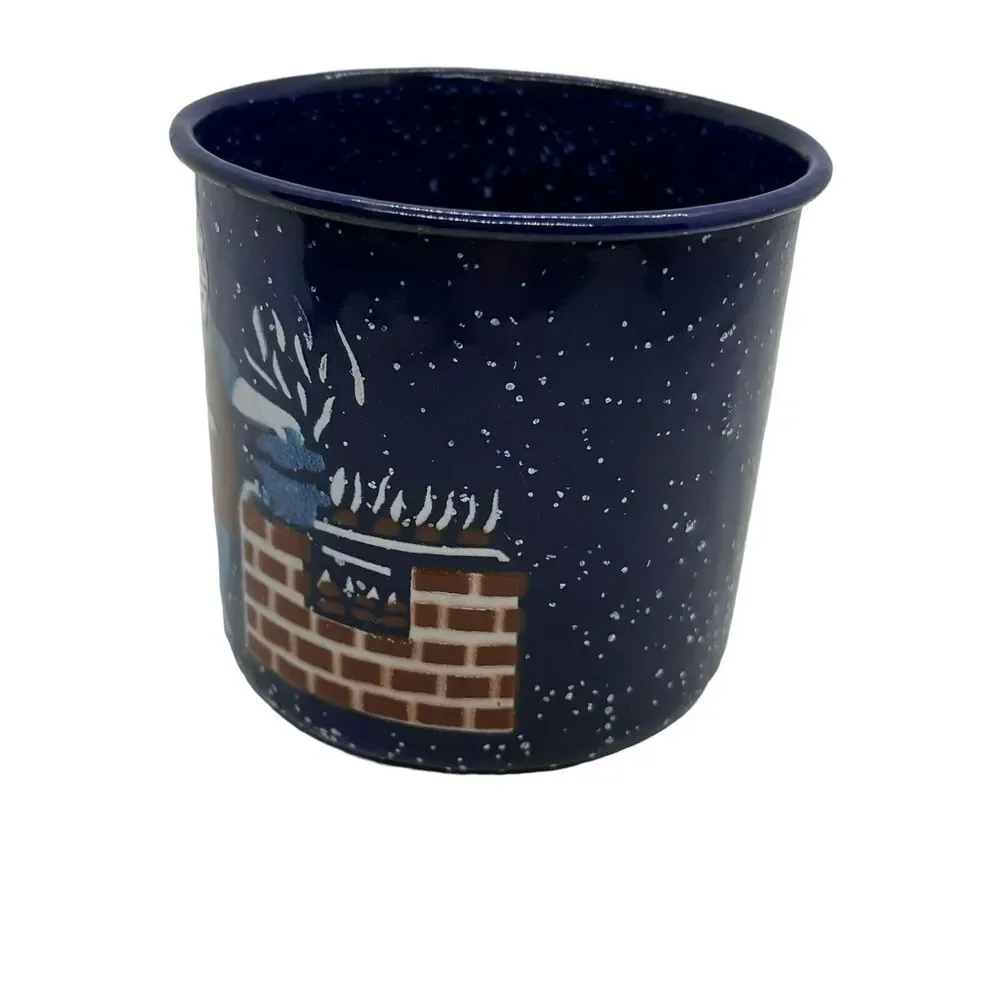 Coffee Mug Blue Speckled Enamel Graniteware Man BBQ Cooking Brick Oven Decor